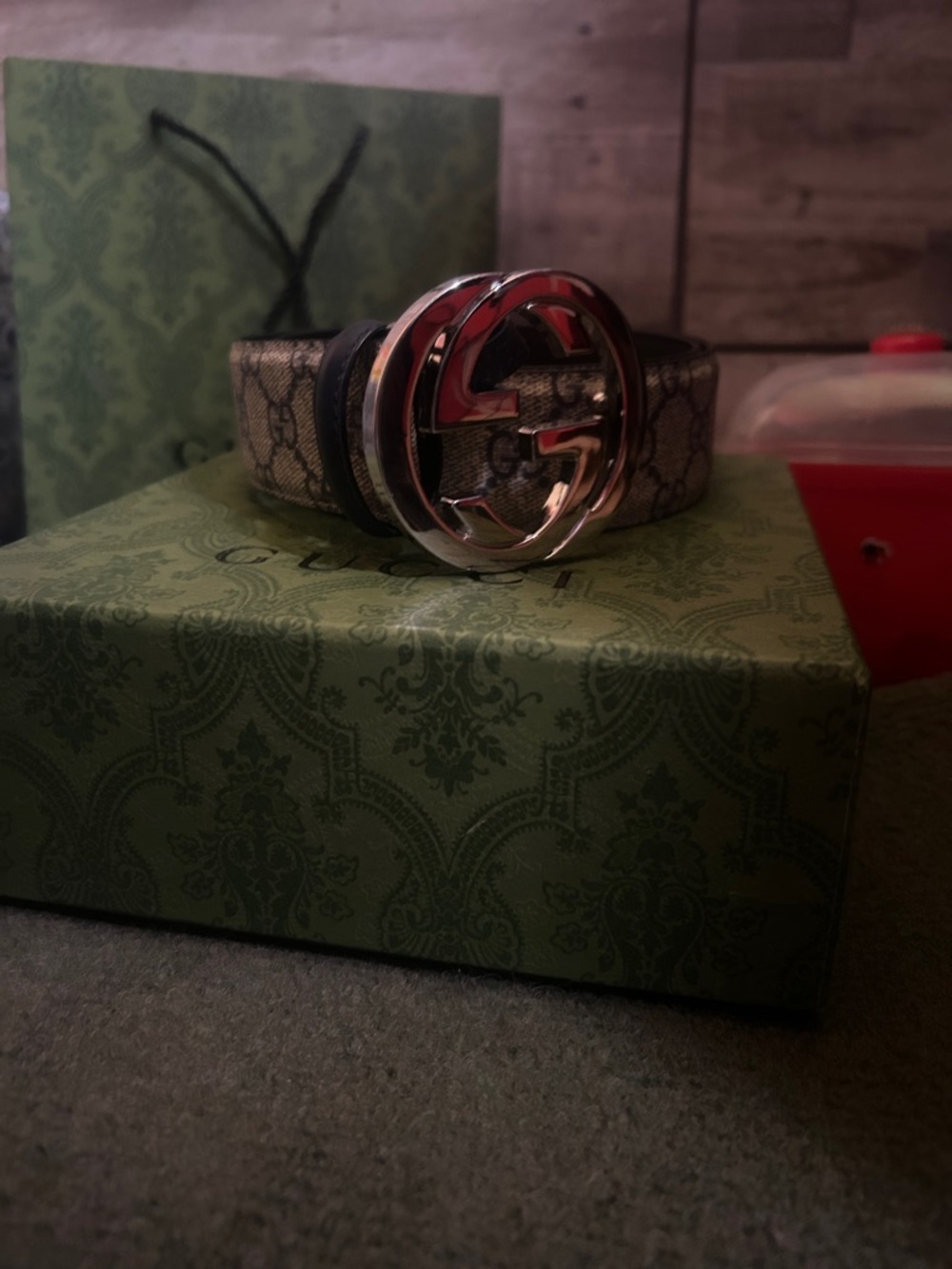 Gucci Beige Brown GG Supreme Canvas Belt with Silver Double G Buckle